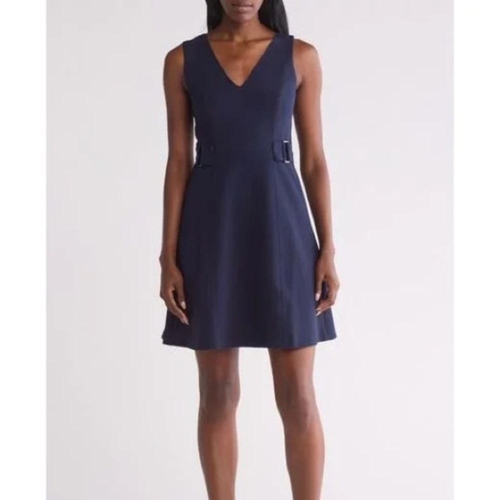 Vince Camuto Crepe Fit-and-Flare Sleeveless Minidress in Blue
